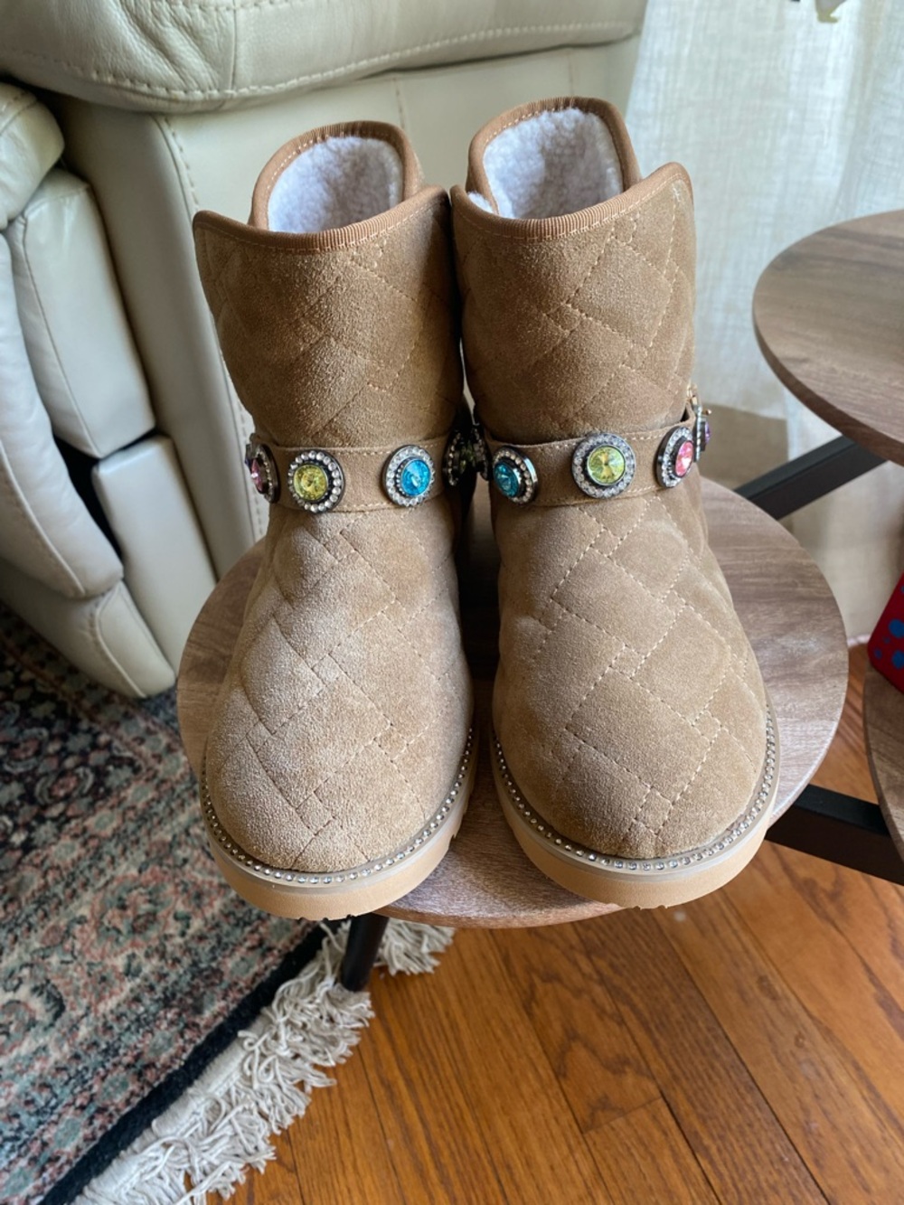 Kurt Geiger Tan Quilted Suede Booties with Multicolor Gem Accents